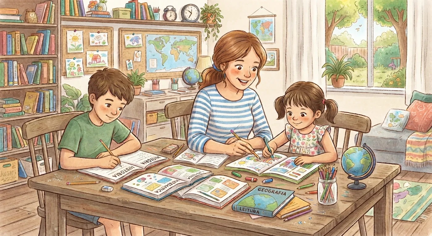 Família lendo livros juntos à mesa, em casa